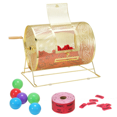 VEVOR Raffle Drum, 16.1 x Ø12 inch Brass Plated Raffle Ticket Spinning Cage, Holds 5000 Tickets or 200 Ping Pong Balls, Metal Lottery Spinning Drawing with Wooden Turning Handle, for Bingo Ballot Part 