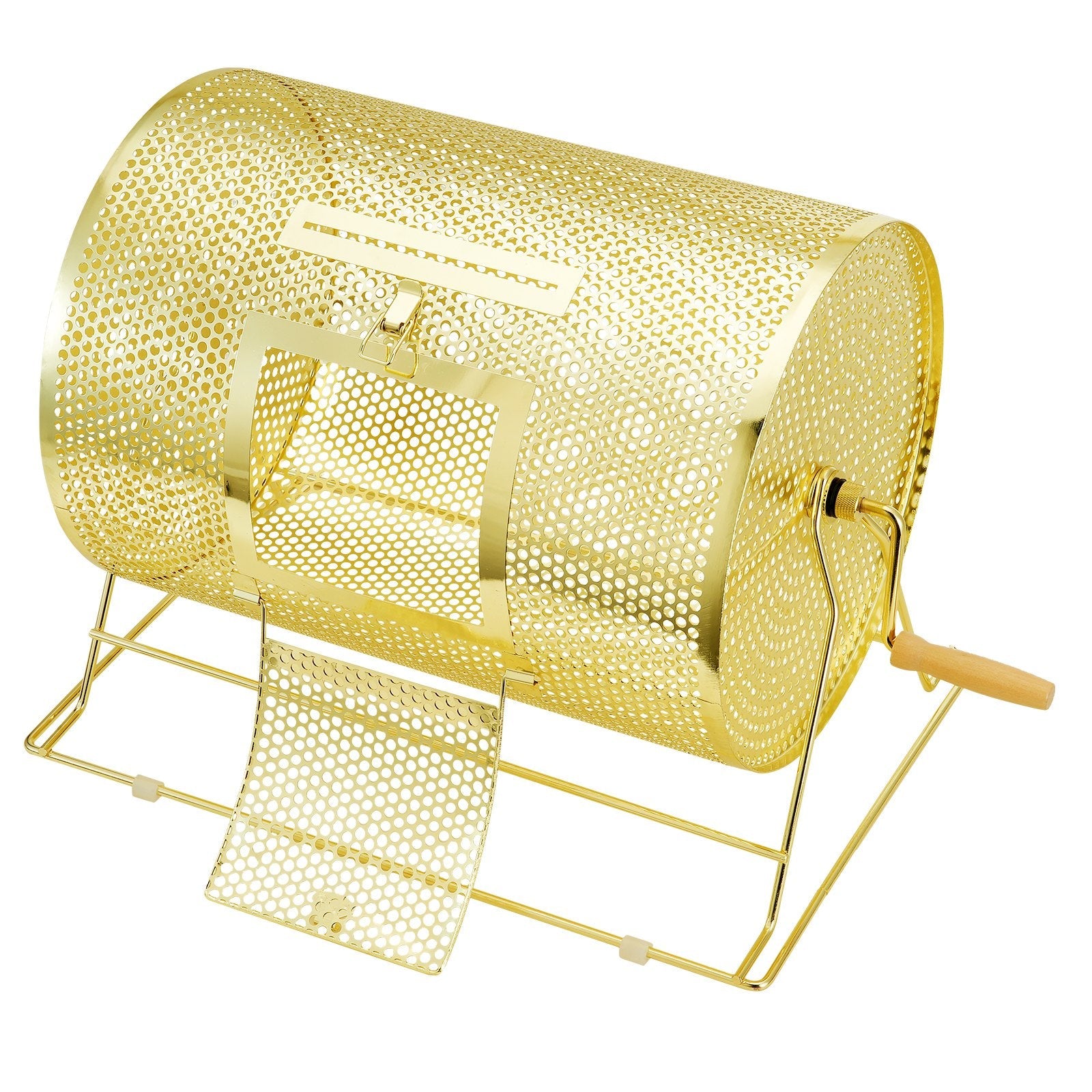 VEVOR Raffle Drum, 16.1 x Ø12 inch Brass Plated Raffle Ticket Spinning Cage, Holds 5000 Tickets or 200 Ping Pong Balls, Metal Lottery Spinning Drawing with Wooden Turning Handle, for Bingo Ballot Part 