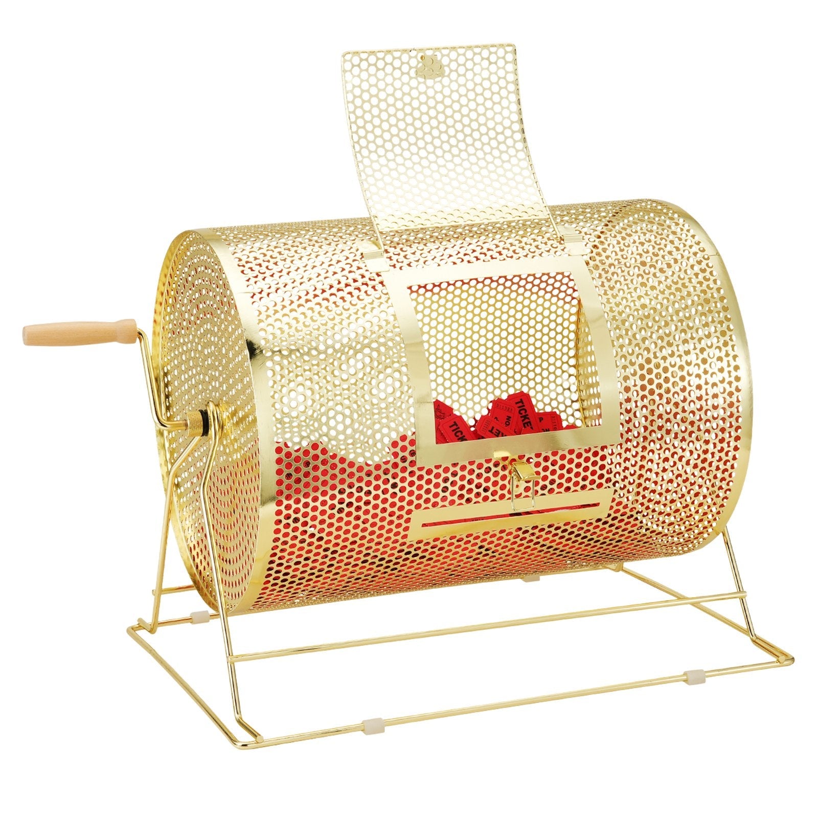 VEVOR Raffle Drum, 16.1 x Ø12 inch Brass Plated Raffle Ticket Spinning Cage, Holds 5000 Tickets or 200 Ping Pong Balls, Metal Lottery Spinning Drawing with Wooden Turning Handle, for Bingo Ballot Part 