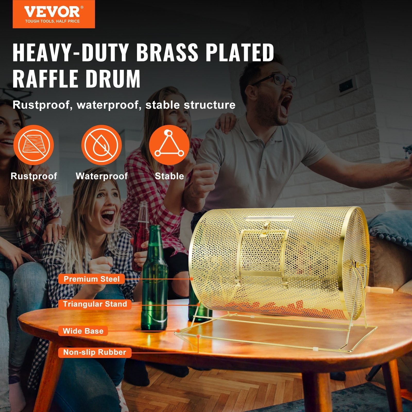 VEVOR Raffle Drum, 14.8 x Ø21.26 inch Brass Plated Raffle Ticket Spinning Cage, Holds 10000 Tickets or 300 Ping Pong Balls, Metal Lottery Spinning Drawing with Wooden Turning Handle, for Bingo Ballot 