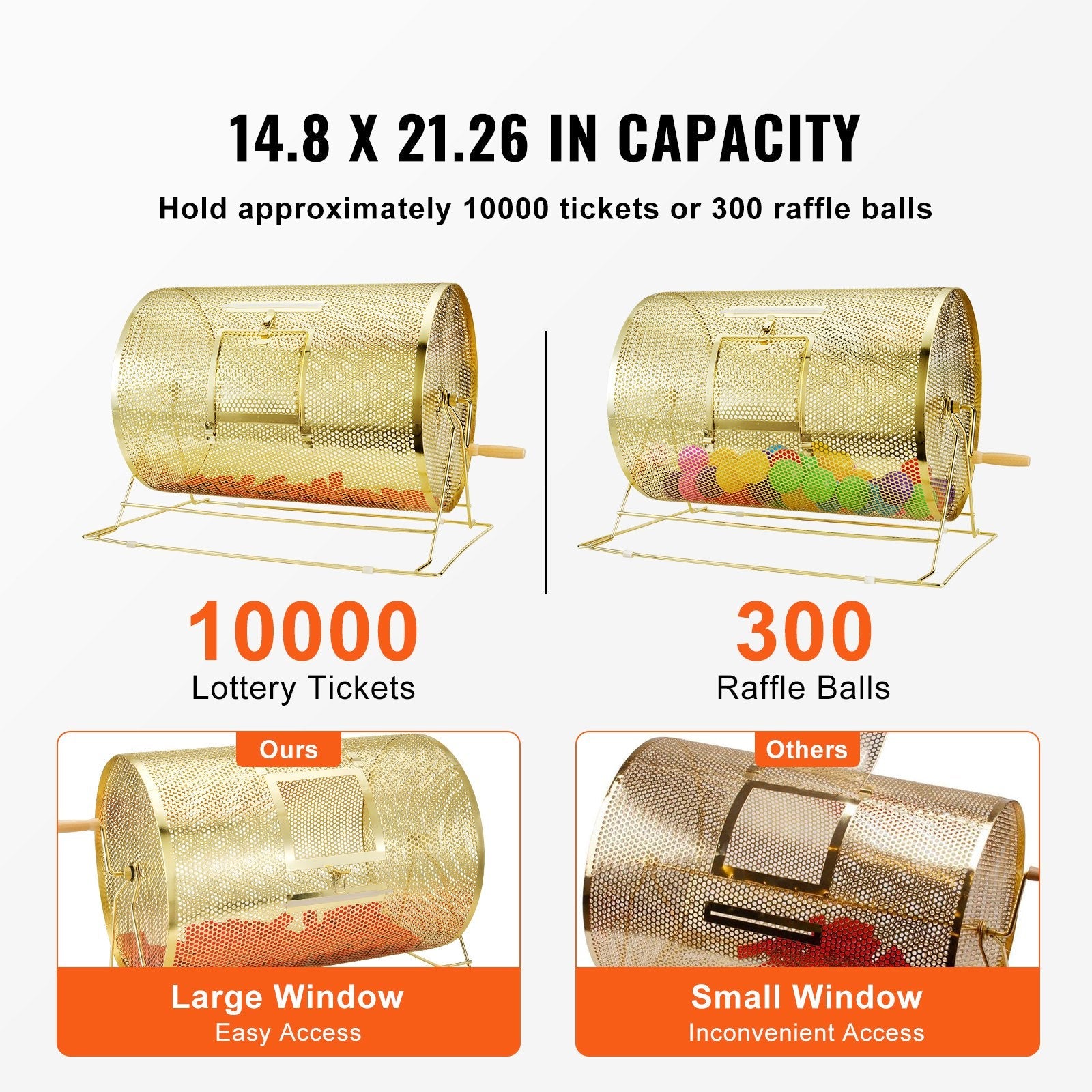VEVOR Raffle Drum, 14.8 x Ø21.26 inch Brass Plated Raffle Ticket Spinning Cage, Holds 10000 Tickets or 300 Ping Pong Balls, Metal Lottery Spinning Drawing with Wooden Turning Handle, for Bingo Ballot 