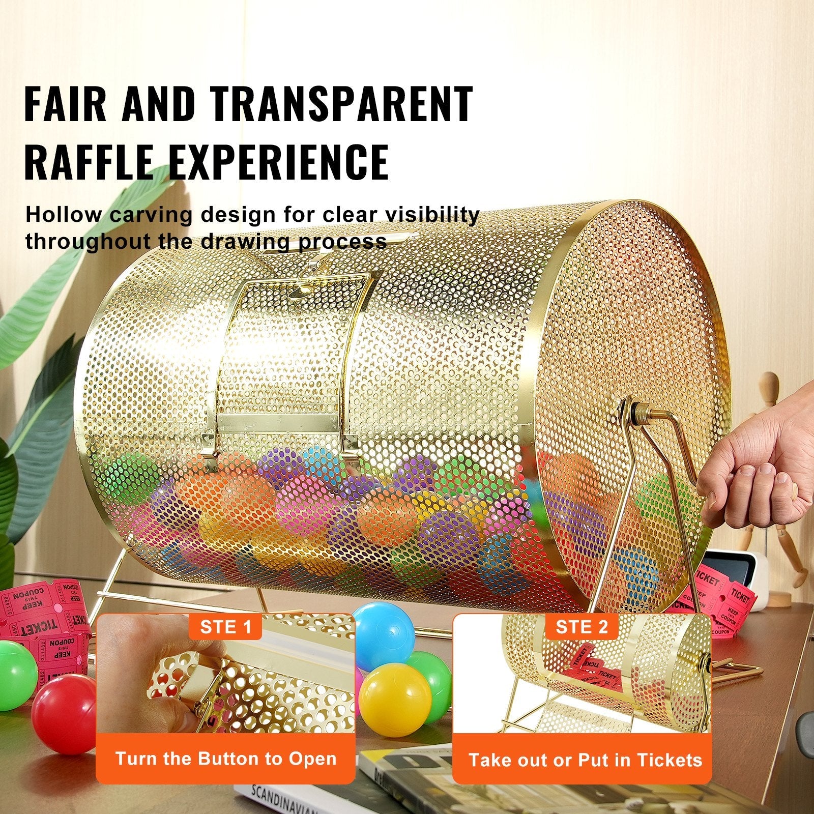 VEVOR Raffle Drum, 14.8 x Ø21.26 inch Brass Plated Raffle Ticket Spinning Cage, Holds 10000 Tickets or 300 Ping Pong Balls, Metal Lottery Spinning Drawing with Wooden Turning Handle, for Bingo Ballot 