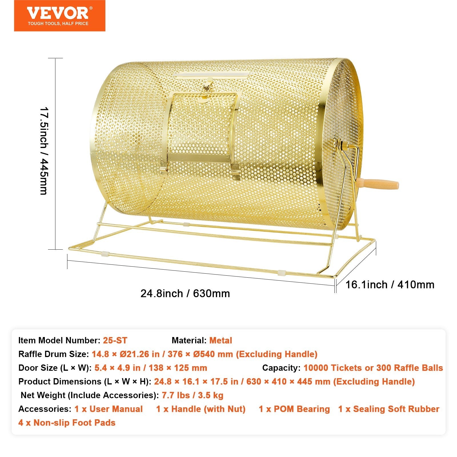 VEVOR Raffle Drum, 14.8 x Ø21.26 inch Brass Plated Raffle Ticket Spinning Cage, Holds 10000 Tickets or 300 Ping Pong Balls, Metal Lottery Spinning Drawing with Wooden Turning Handle, for Bingo Ballot 