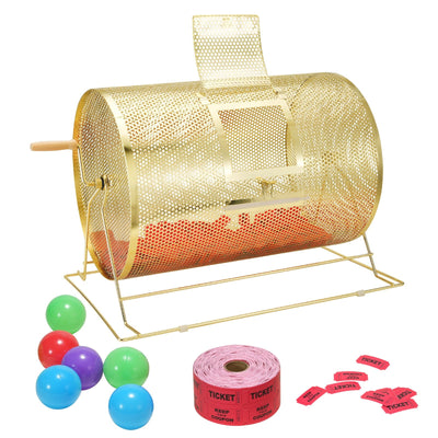 VEVOR Raffle Drum, 14.8 x Ø21.26 inch Brass Plated Raffle Ticket Spinning Cage, Holds 10000 Tickets or 300 Ping Pong Balls, Metal Lottery Spinning Drawing with Wooden Turning Handle, for Bingo Ballot 