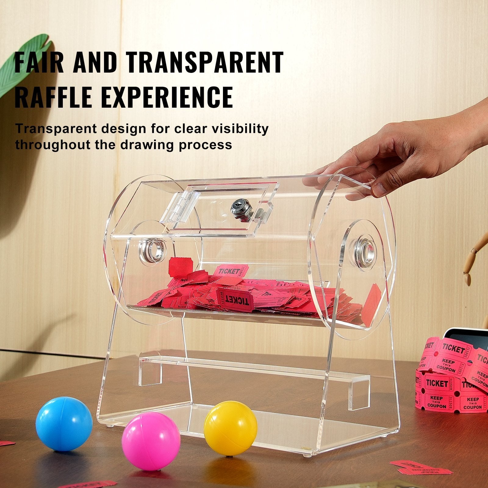 VEVOR Acrylic Raffle Drum, Holds 2500 Tickets or 100 Raffle Balls, Professional Raffle Ticket Spinning Cage with 2 Keys, Transparent Lottery Spinning Drawing, Raffle Ticket Box for Lottery Games Bingo 