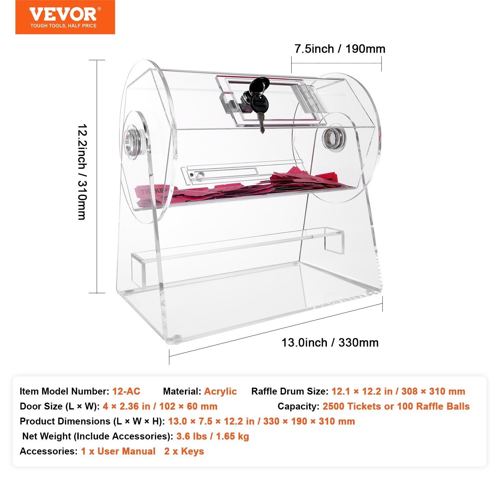 VEVOR Acrylic Raffle Drum, Holds 2500 Tickets or 100 Raffle Balls, Professional Raffle Ticket Spinning Cage with 2 Keys, Transparent Lottery Spinning Drawing, Raffle Ticket Box for Lottery Games Bingo 