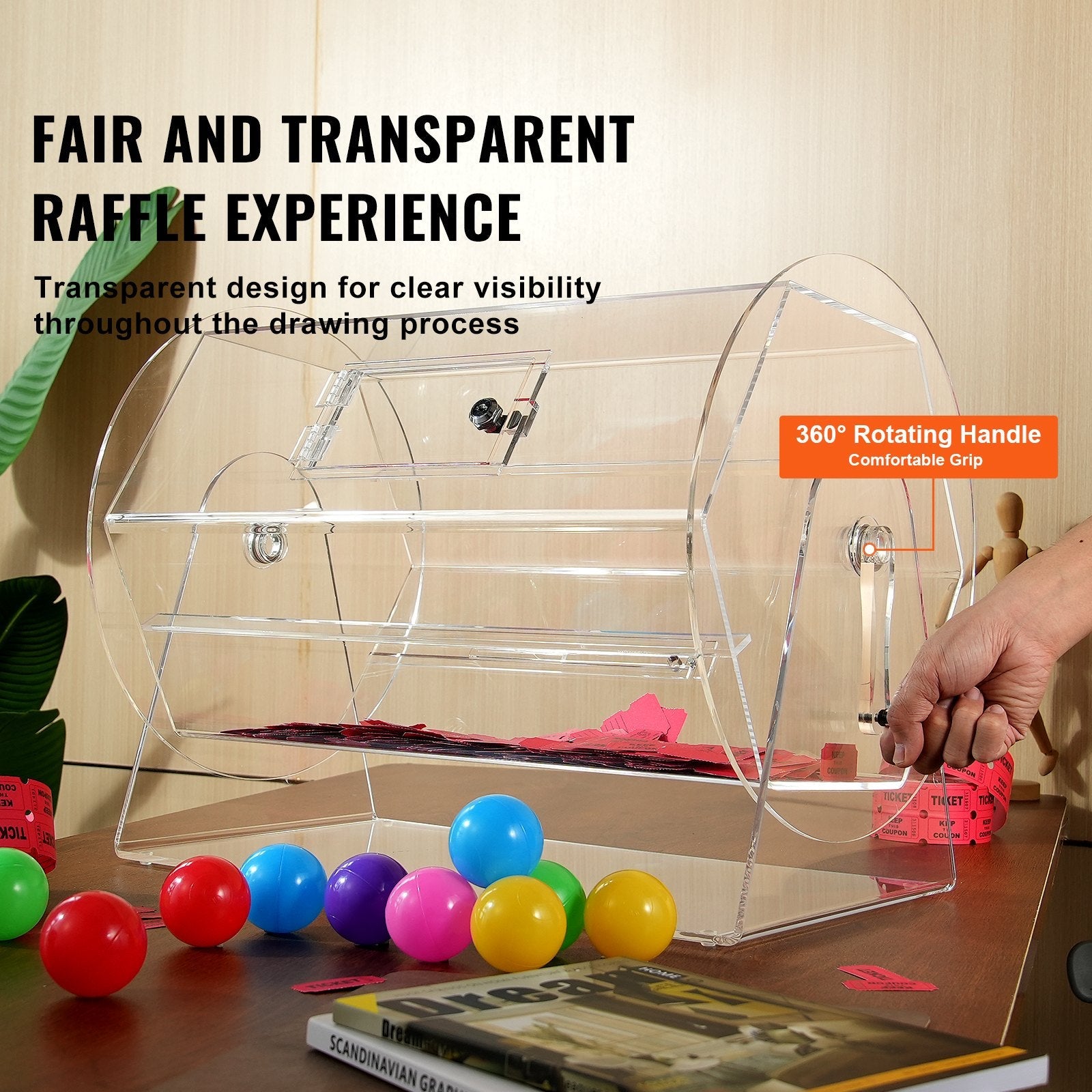VEVOR Acrylic Raffle Drum, Holds 10000 Tickets or 300 Raffle Balls, Professional Raffle Ticket Spinning Cage with 2 Keys, Transparent Lottery Spinning Drawing, Raffle Ticket Box for Lottery Games Bing 
