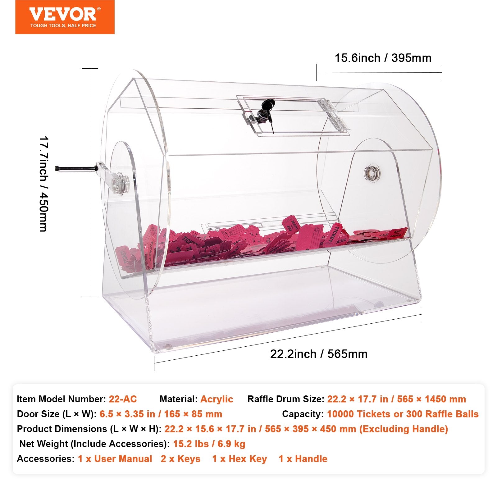 VEVOR Acrylic Raffle Drum, Holds 10000 Tickets or 300 Raffle Balls, Professional Raffle Ticket Spinning Cage with 2 Keys, Transparent Lottery Spinning Drawing, Raffle Ticket Box for Lottery Games Bing 