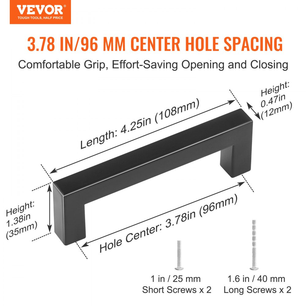 VEVOR 10 Pack Cabinet Pulls, 3.86in / 96mm Center to Center Slim Square Kitchen Cabinet Drawer, Stainless Steel Modern Kitchen Cupboard Door Handles for Kitchen Bathroom Bar Hardware Matte Black 
