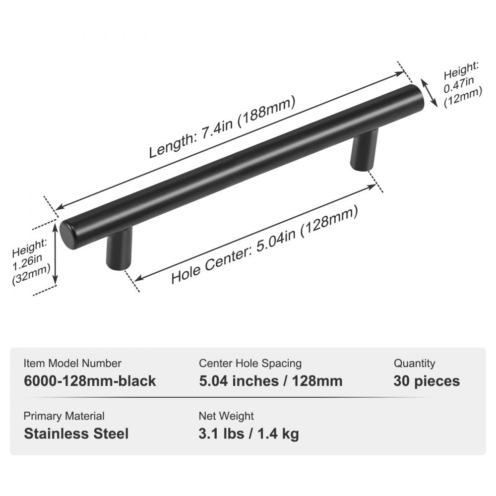 VEVOR 30 Pack Cabinet Pulls, 5.03in / 128mm Center to Center Slim Kitchen Cabinet Drawer, Stainless Steel Modern Kitchen Cupboard Door Handles for Kitchen Bathroom Bar Hardware Matte Black 