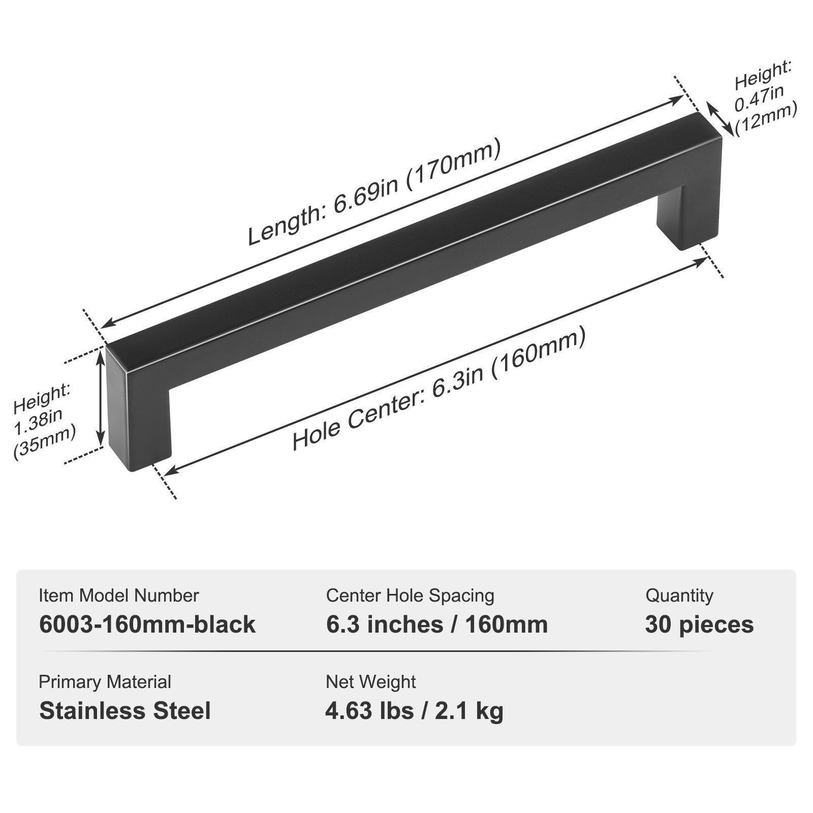 VEVOR 30 Pack Cabinet Pulls, 6.3 inch /160mm Ce8403nter to Center Slim Square Kitchen Cabinet Drawer, Stainless Steel Modern Kitchen Cupboard Door Handles for Kitchen Bathroom Bar Hardware Matte Black 