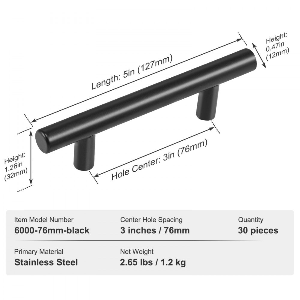VEVOR 30 Pack Cabinet Pulls, 3in / 76mm Center to Center Slim Kitchen Cabinet Drawer, Stainless Steel Modern Kitchen Cupboard Door Handles for Kitchen Bathroom Bar Hardware Matte Black 