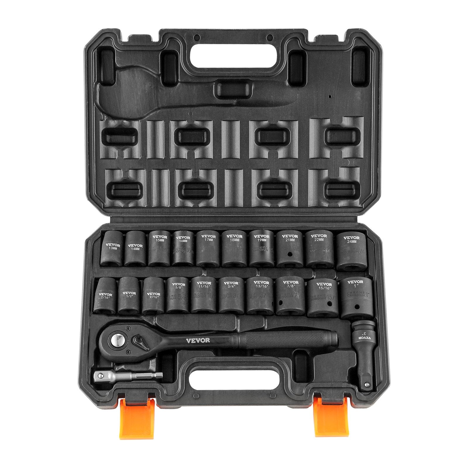 VEVOR 1/2" Drive Impact Socket Set, 23 Piece Socket Set SAE 7/16" -1" and Metric 13-24mm, 6 Point Cr-V Alloy Steel for Auto Repair, Easy-to-Read Size Markings, Rugged Construction, Storage Case 