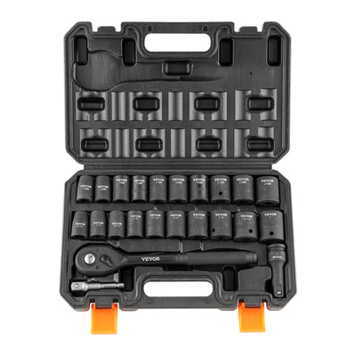 VEVOR 1/2" Drive Impact Socket Set, 23 Piece Socket Set SAE 7/16" -1" and Metric 13-24mm, 6 Point Cr-V Alloy Steel for Auto Repair, Easy-to-Read Size Markings, Rugged Construction, Storage Case 
