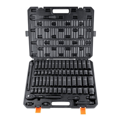VEVOR 1/2" Drive Impact Socket Set, 65 Piece Socket Set SAE 3/8" to 1-1/4" and Metric 10-24mm, 6 Point Cr-V Alloy Steel for Auto Repair, Easy-to-Read Size Markings, Rugged Construction, Storage Case 