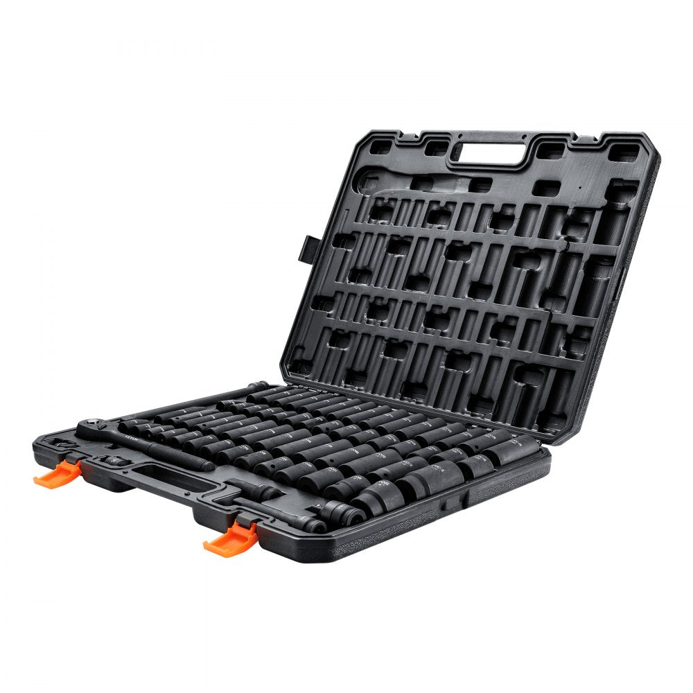 VEVOR 1/2" Drive Impact Socket Set, 65 Piece Socket Set SAE 3/8" to 1-1/4" and Metric 10-24mm, 6 Point Cr-V Alloy Steel for Auto Repair, Easy-to-Read Size Markings, Rugged Construction, Storage Case 