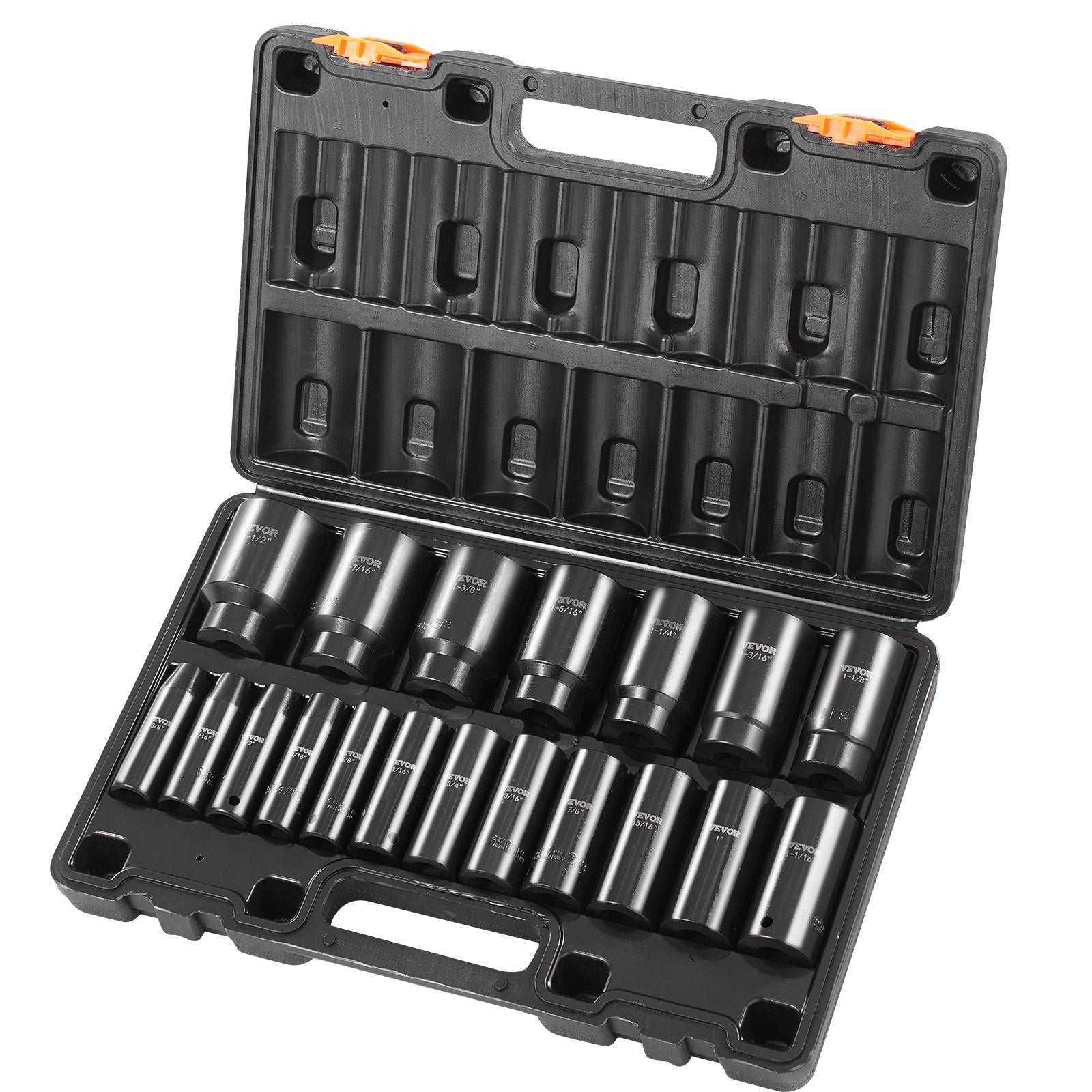 VEVOR Impact Socket Set 1/2 Inches 19 Piece Impact Sockets, Deep Socket, 6-Point Sockets, Rugged Construction, Cr-V, 1/2 Inches Drive Socket Set Impact 3/8 inch - 1-1/2 inch, with a Storage Cage 