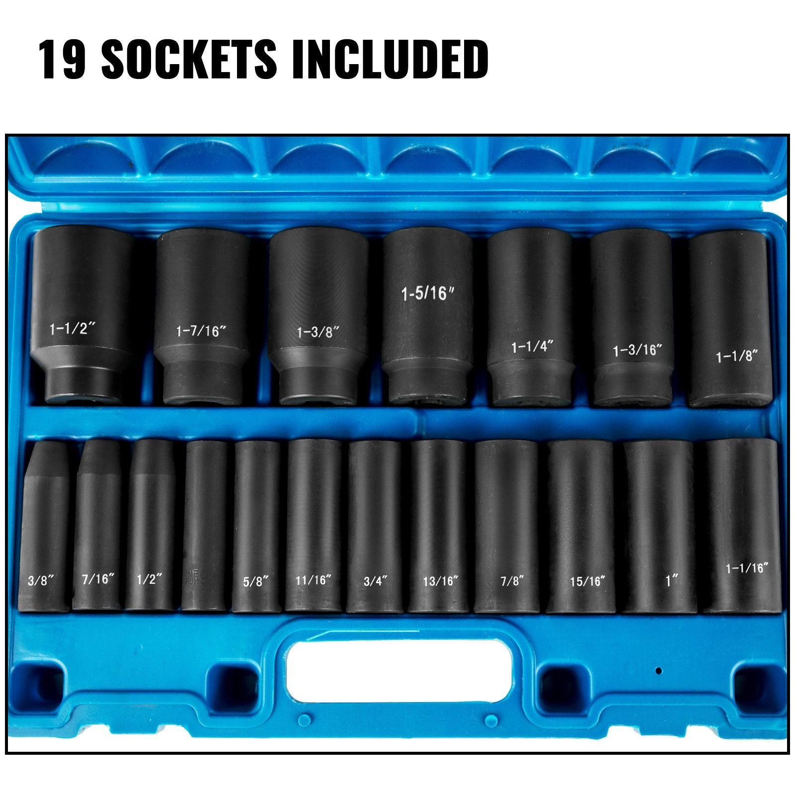 VEVOR Impact Socket Set 1/2 Inches 19 Piece Impact Sockets, Deep Socket, 6-Point Sockets, Rugged Construction, Cr-V, 1/2 Inches Drive Socket Set Impact 3/8 inch - 1-1/2 inch, with a Storage Cage 