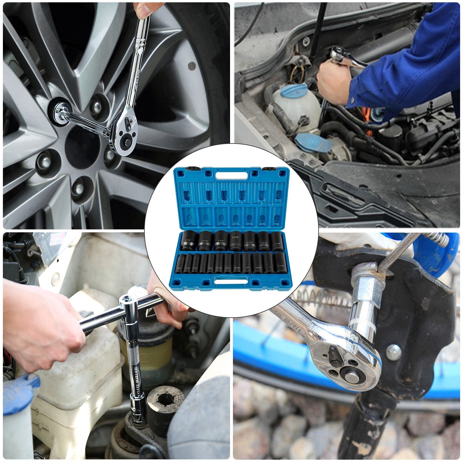 VEVOR Impact Socket Set 1/2 Inches 19 Piece Impact Sockets, Deep Socket, 6-Point Sockets, Rugged Construction, Cr-V, 1/2 Inches Drive Socket Set Impact 3/8 inch - 1-1/2 inch, with a Storage Cage 