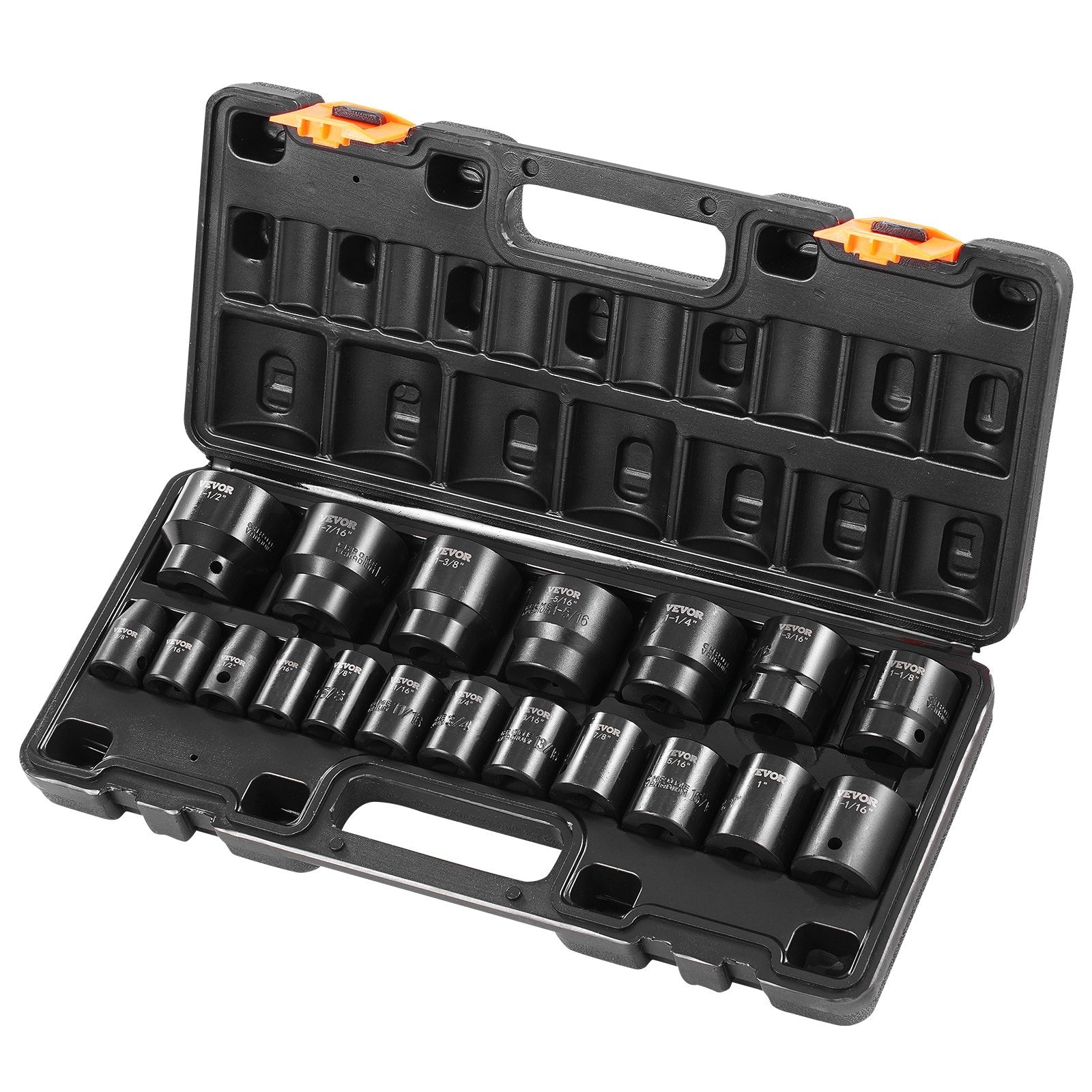 VEVOR Impact Socket Set 1/2 Inches 19 Piece Impact Sockets, Standard Socket Assortment, 1/2 Inches Drive Socket Set Impact Standard SAE (3/8 Inches to 1-1/2 Inches) 6-point Hex Sockets 