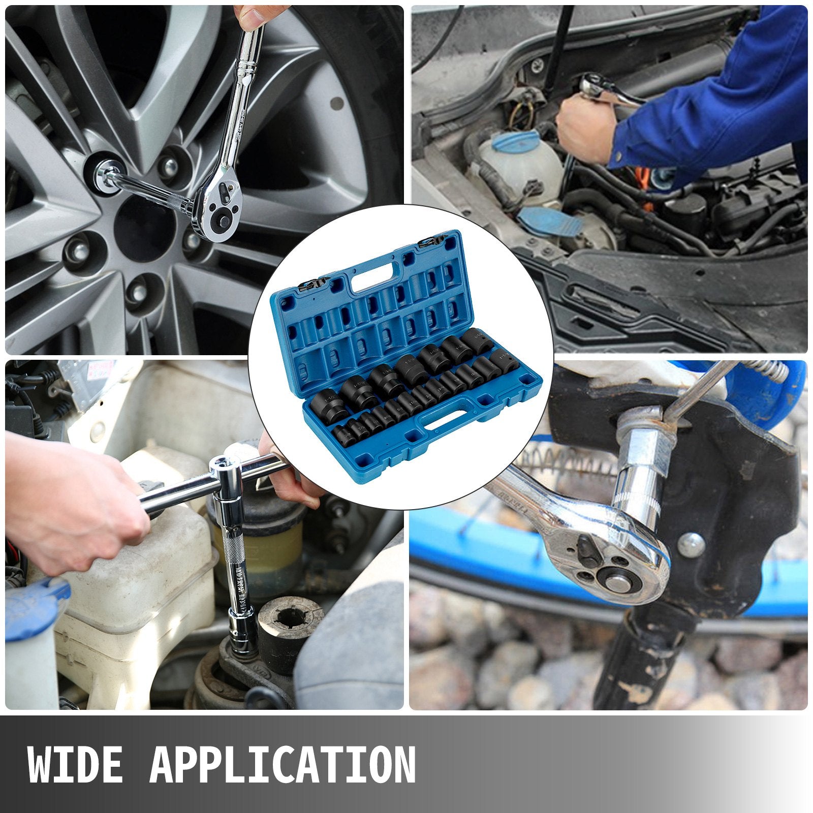 VEVOR Impact Socket Set 1/2 Inches 19 Piece Impact Sockets, Standard Socket Assortment, 1/2 Inches Drive Socket Set Impact Standard SAE (3/8 Inches to 1-1/2 Inches) 6-point Hex Sockets 