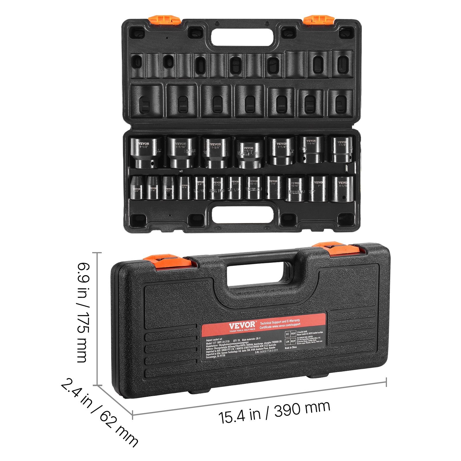 VEVOR Impact Socket Set 1/2 Inches 19 Piece Impact Sockets, Standard Socket Assortment, 1/2 Inches Drive Socket Set Impact Standard SAE (3/8 Inches to 1-1/2 Inches) 6-point Hex Sockets 