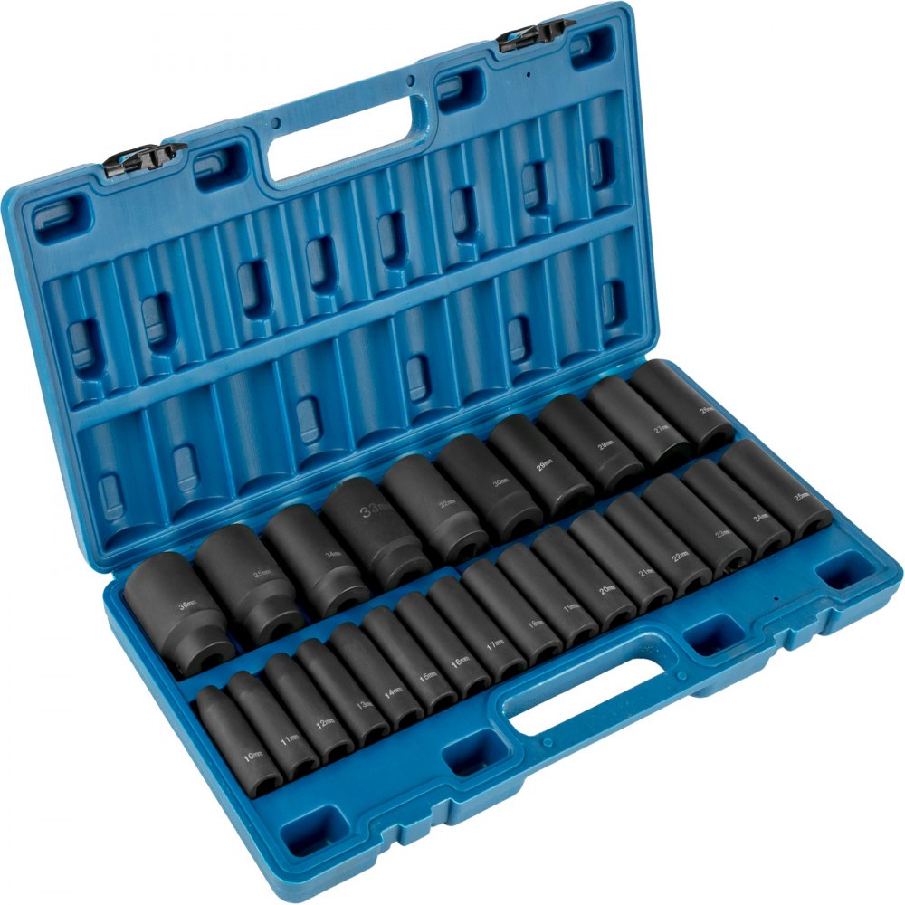 VEVOR Impact Socket Set 1/2 Inches 26 Piece Impact Sockets, Deep Socket, 6-Point Sockets, Rugged Construction, Cr-V, 1/2 Inches Drive Socket Set Impact Metric 10mm - 36mm, with a Storage Cage 