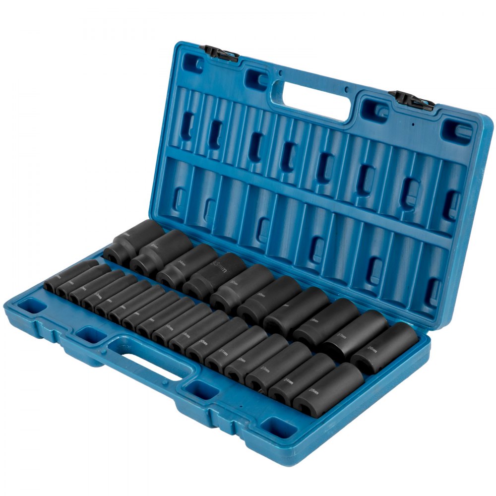VEVOR Impact Socket Set 1/2 Inches 26 Piece Impact Sockets, Deep Socket, 6-Point Sockets, Rugged Construction, Cr-V, 1/2 Inches Drive Socket Set Impact Metric 10mm - 36mm, with a Storage Cage 