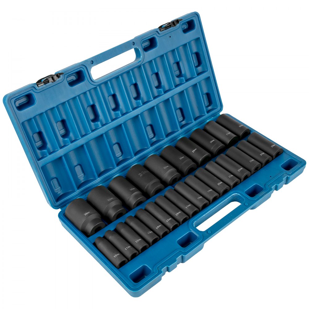 VEVOR Impact Socket Set 1/2 Inches 26 Piece Impact Sockets, Deep Socket, 6-Point Sockets, Rugged Construction, Cr-V, 1/2 Inches Drive Socket Set Impact Metric 10mm - 36mm, with a Storage Cage 