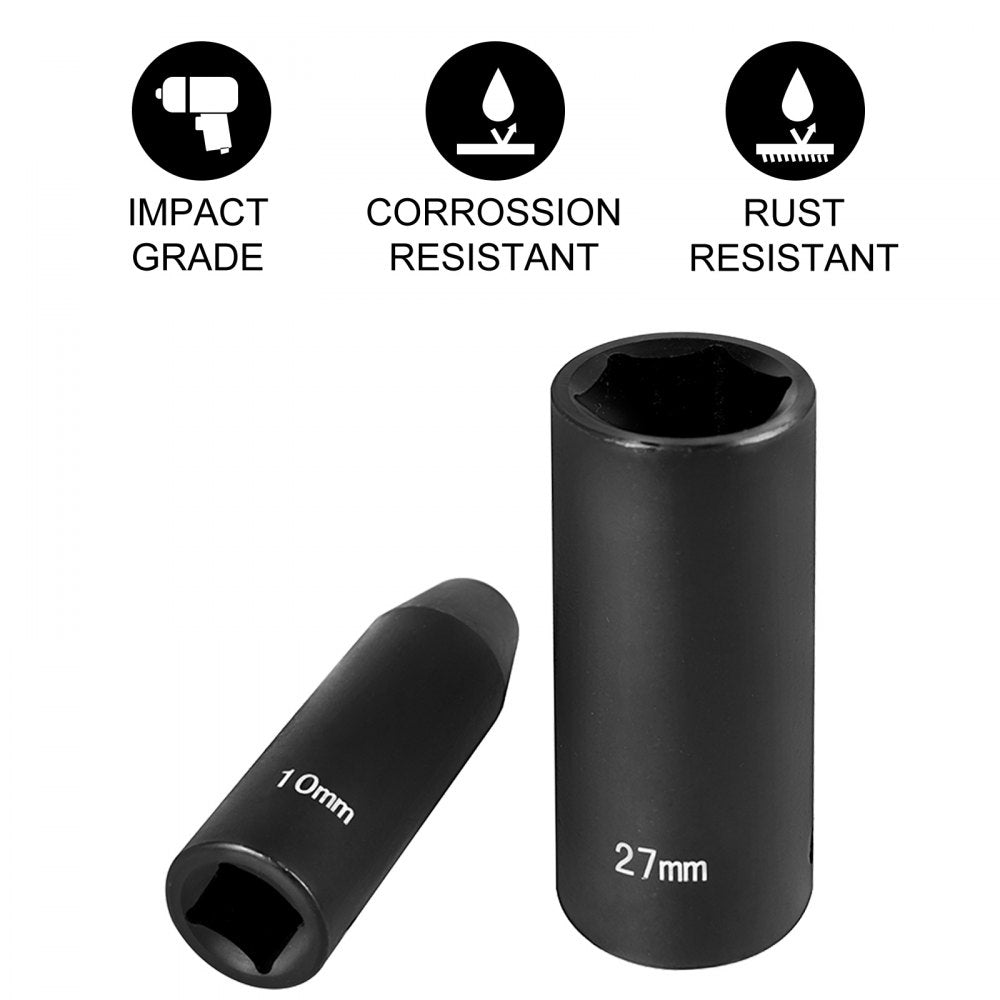 VEVOR Impact Socket Set 1/2 Inches 26 Piece Impact Sockets, Deep Socket, 6-Point Sockets, Rugged Construction, Cr-V, 1/2 Inches Drive Socket Set Impact Metric 10mm - 36mm, with a Storage Cage 