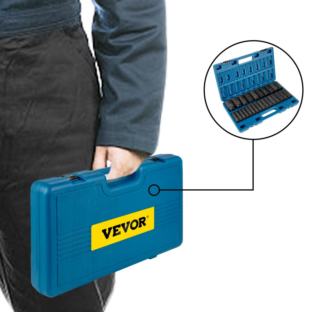 VEVOR Impact Socket Set 1/2 Inches 26 Piece Impact Sockets, Deep Socket, 6-Point Sockets, Rugged Construction, Cr-V, 1/2 Inches Drive Socket Set Impact Metric 10mm - 36mm, with a Storage Cage 
