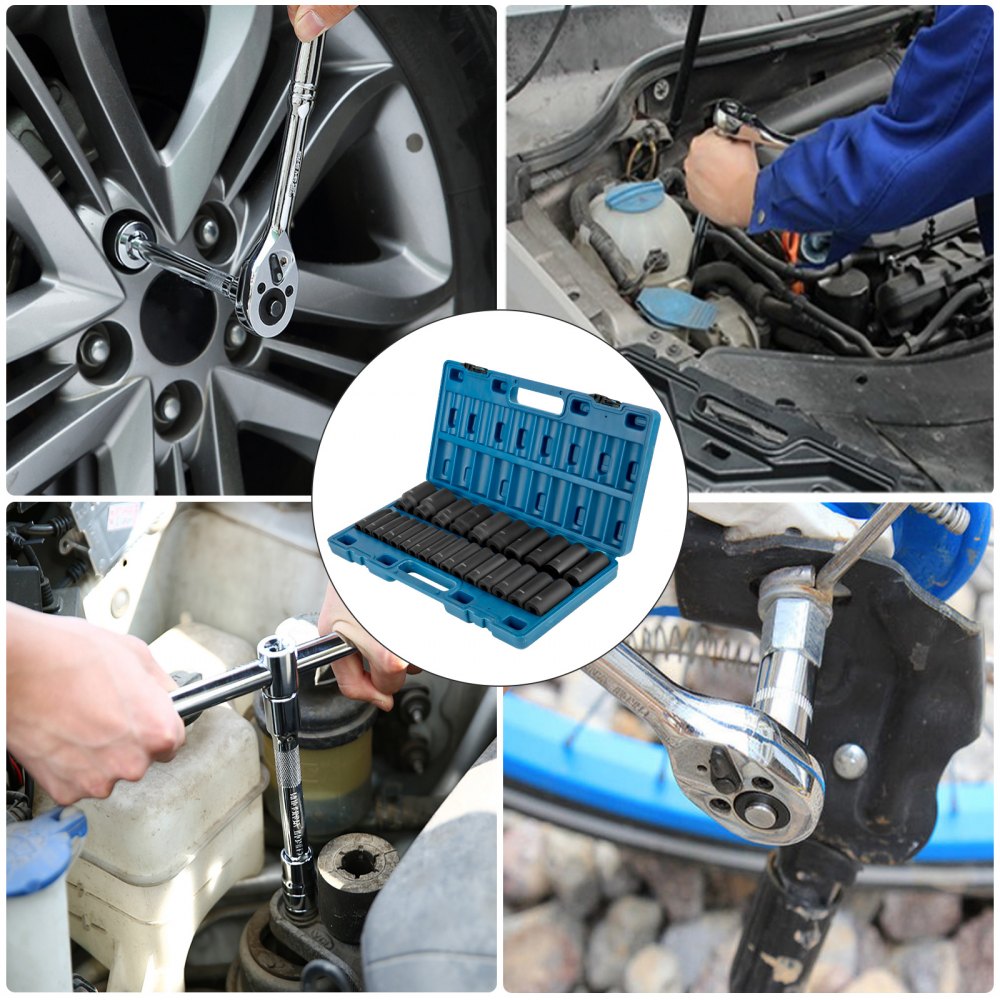 VEVOR Impact Socket Set 1/2 Inches 26 Piece Impact Sockets, Deep Socket, 6-Point Sockets, Rugged Construction, Cr-V, 1/2 Inches Drive Socket Set Impact Metric 10mm - 36mm, with a Storage Cage 