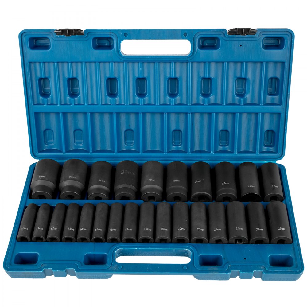 VEVOR Impact Socket Set 1/2 Inches 26 Piece Impact Sockets, Deep Socket, 6-Point Sockets, Rugged Construction, Cr-V, 1/2 Inches Drive Socket Set Impact Metric 10mm - 36mm, with a Storage Cage 