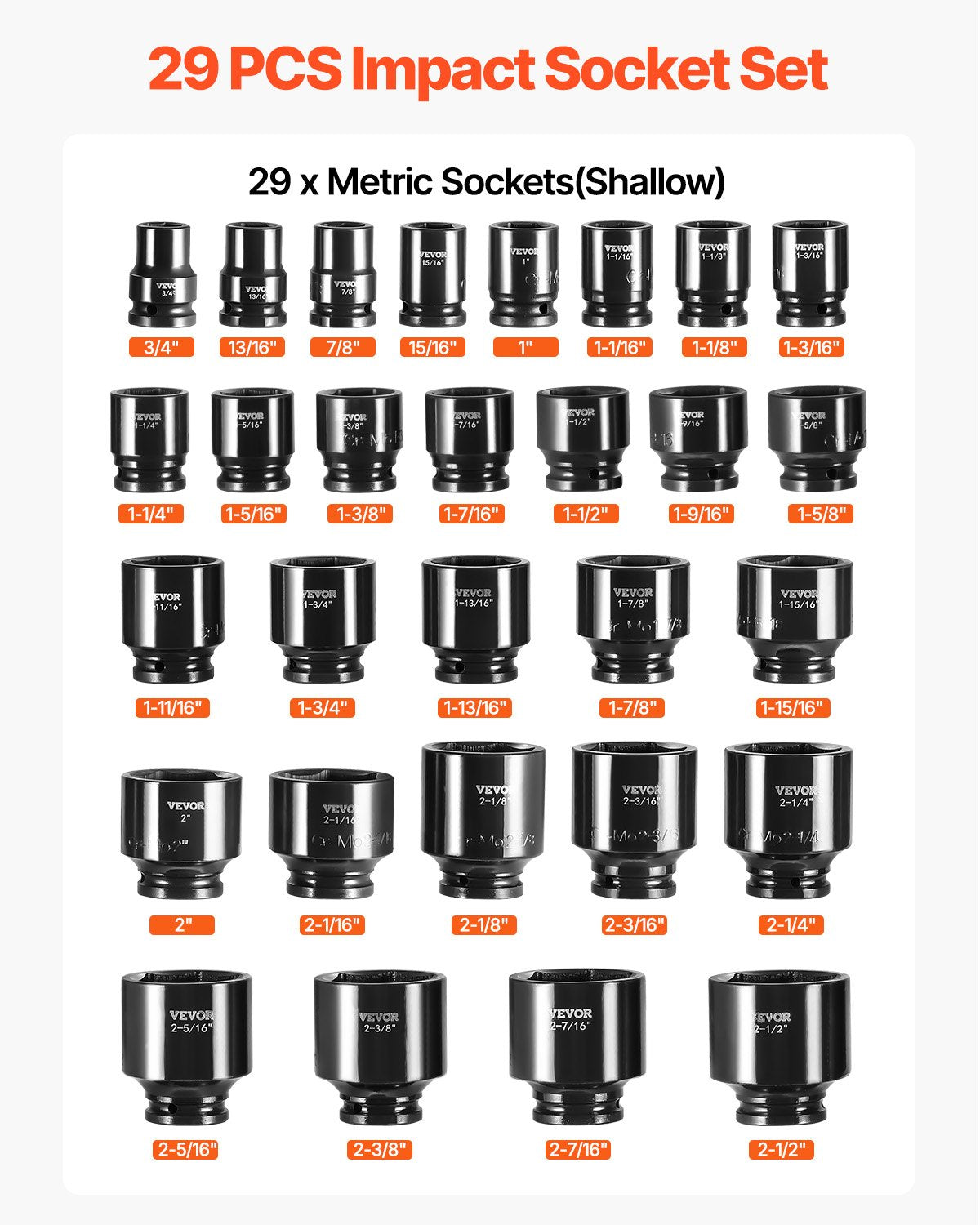 VEVOR Impact Socket Set 3/4 Inches 29 Piece Impact Sockets, 6-Point Sockets, Rugged Construction, CR-M0, 3/4 Inches Drive Socket Set Impact SAE 3/4 inch - 2-1/2 inch, with a Storage Cage 