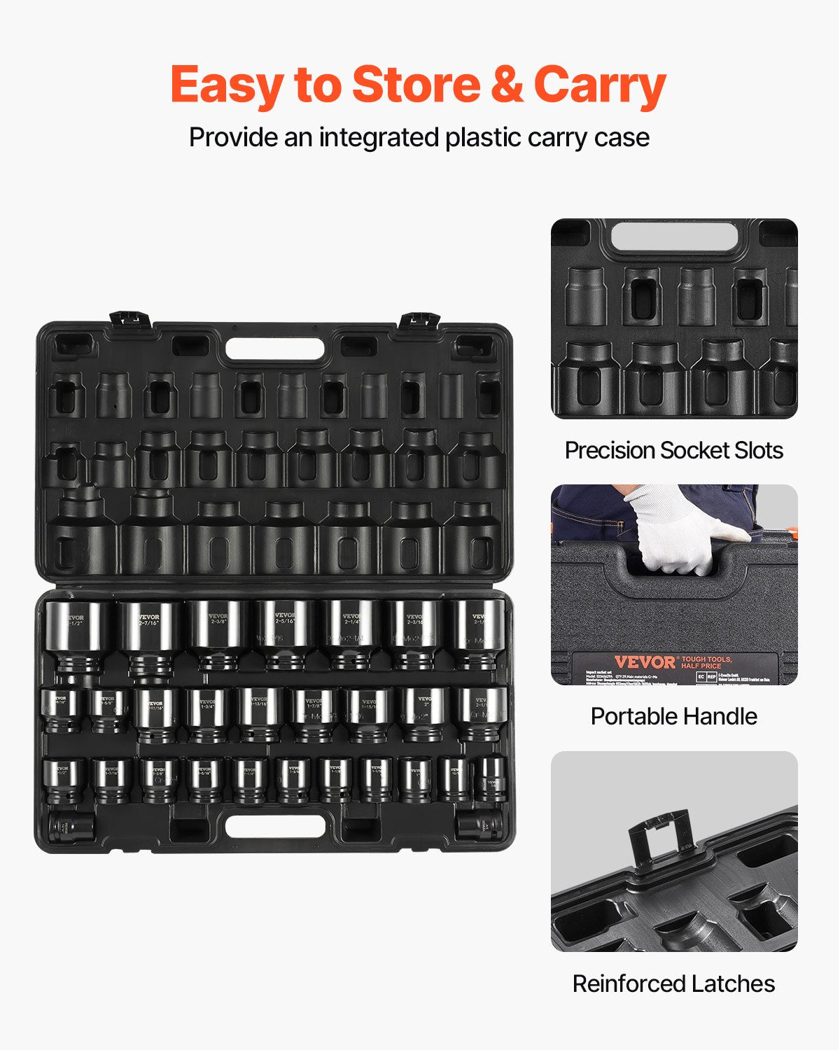 VEVOR Impact Socket Set 3/4 Inches 29 Piece Impact Sockets, 6-Point Sockets, Rugged Construction, CR-M0, 3/4 Inches Drive Socket Set Impact SAE 3/4 inch - 2-1/2 inch, with a Storage Cage 