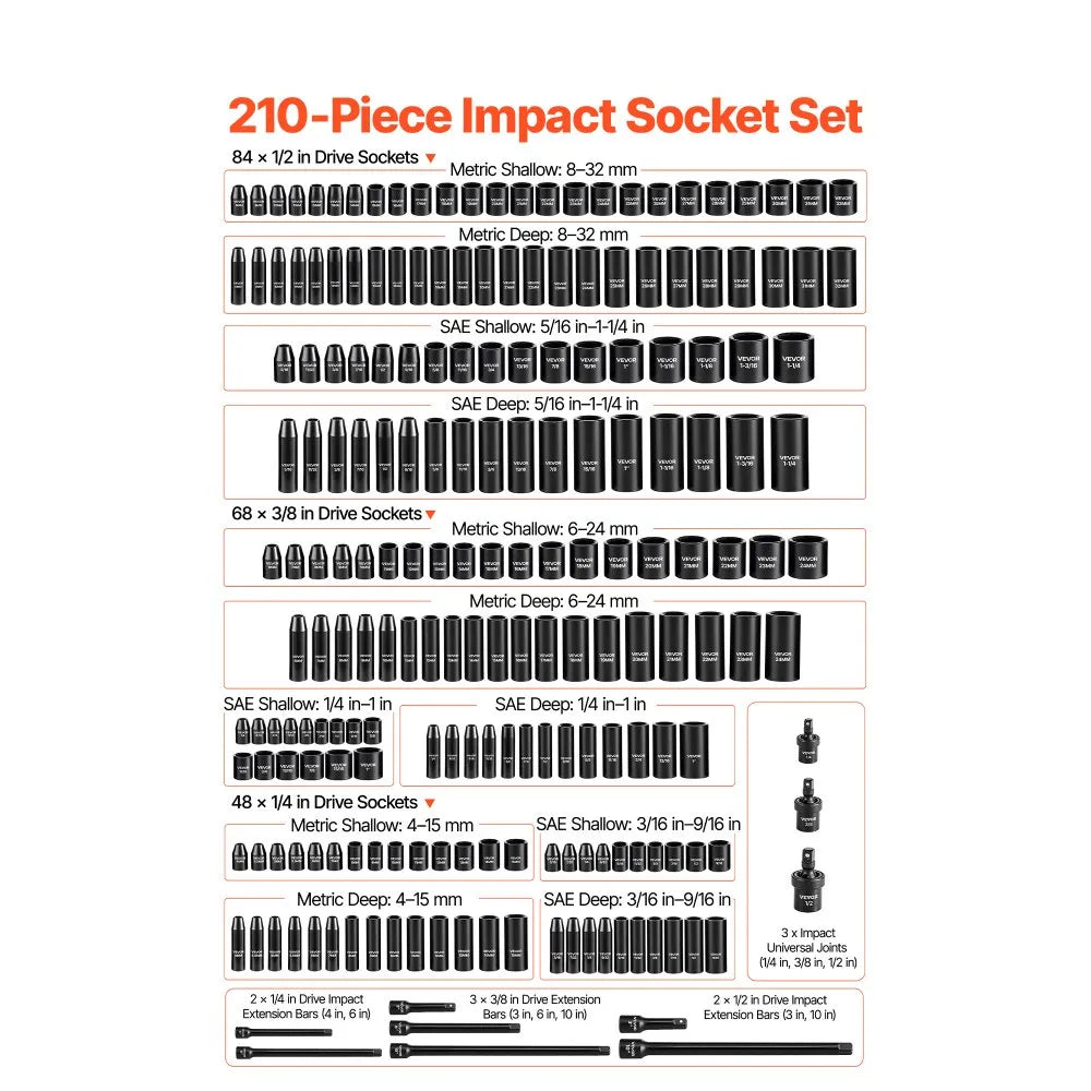 VEVOR 210-Piece Drive Impact Socket Set, 1/4", 3/8" & 1/2" SAE & Metric with Carrying Case