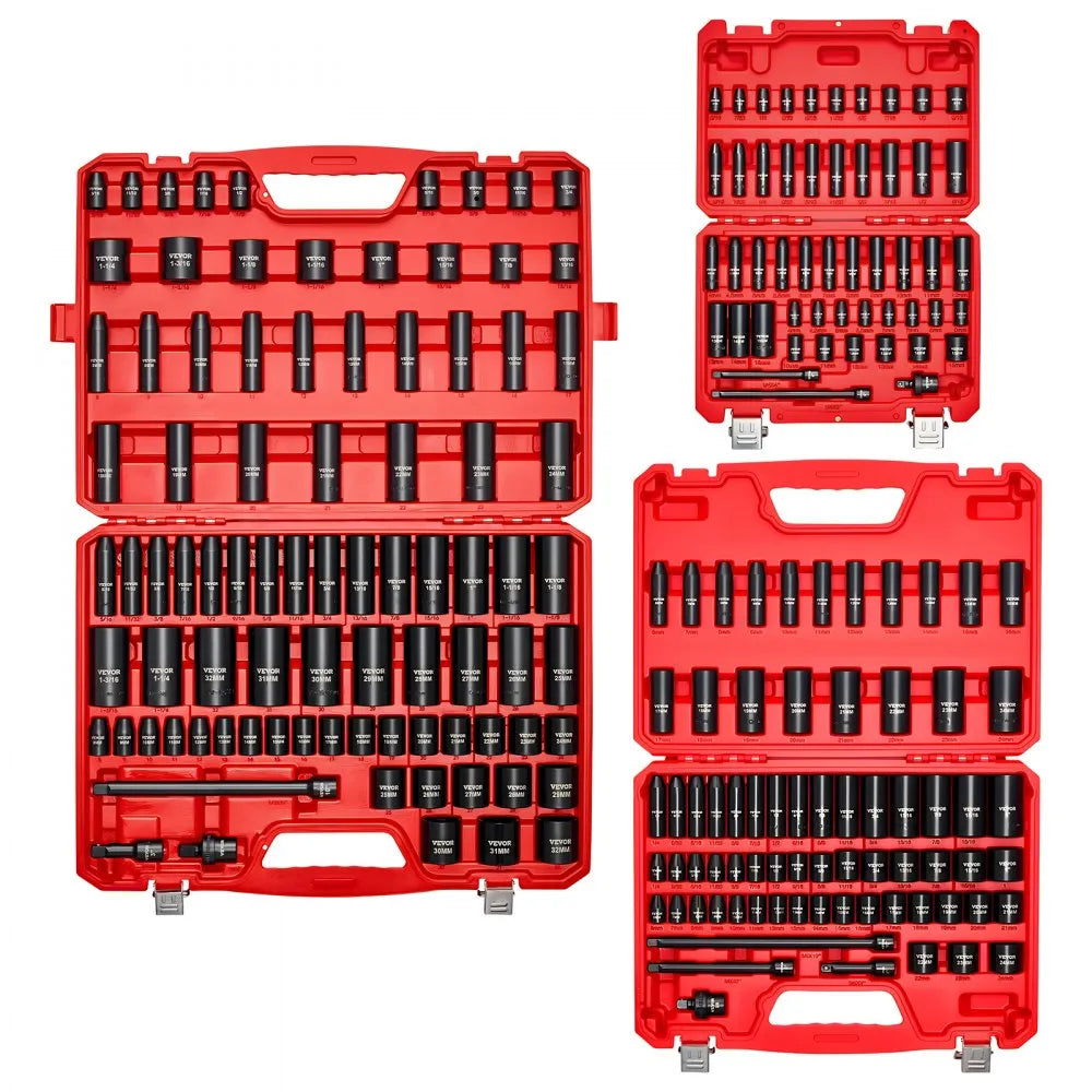 VEVOR 210-Piece Drive Impact Socket Set, 1/4", 3/8" & 1/2" SAE & Metric with Carrying Case