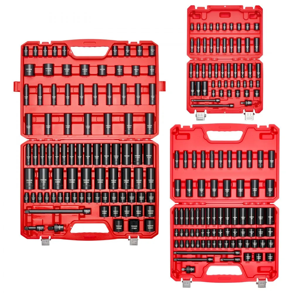 VEVOR 210-Piece Drive Impact Socket Set, 1/4", 3/8" & 1/2" SAE & Metric with Carrying Case