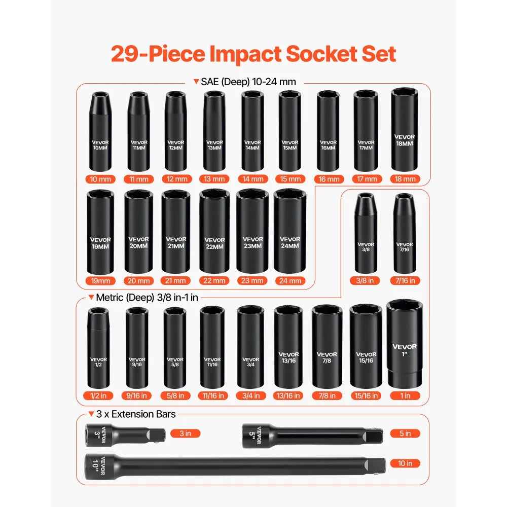VEVOR 29-Piece 1/2" Drive Impact Socket Set, SAE & Metric Deep 6-Point Sockets with Extension Bars