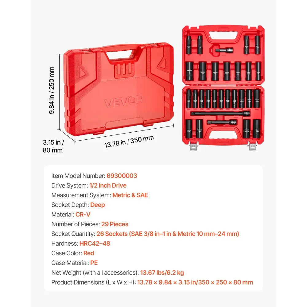 VEVOR 29-Piece 1/2" Drive Impact Socket Set, SAE & Metric Deep 6-Point Sockets with Extension Bars