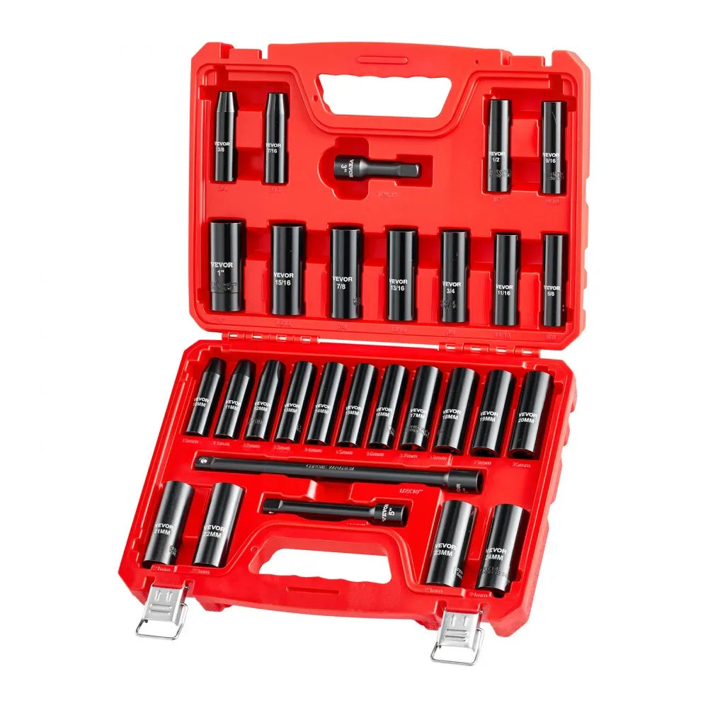 VEVOR 29-Piece 1/2" Drive Impact Socket Set, SAE & Metric Deep 6-Point Sockets with Extension Bars