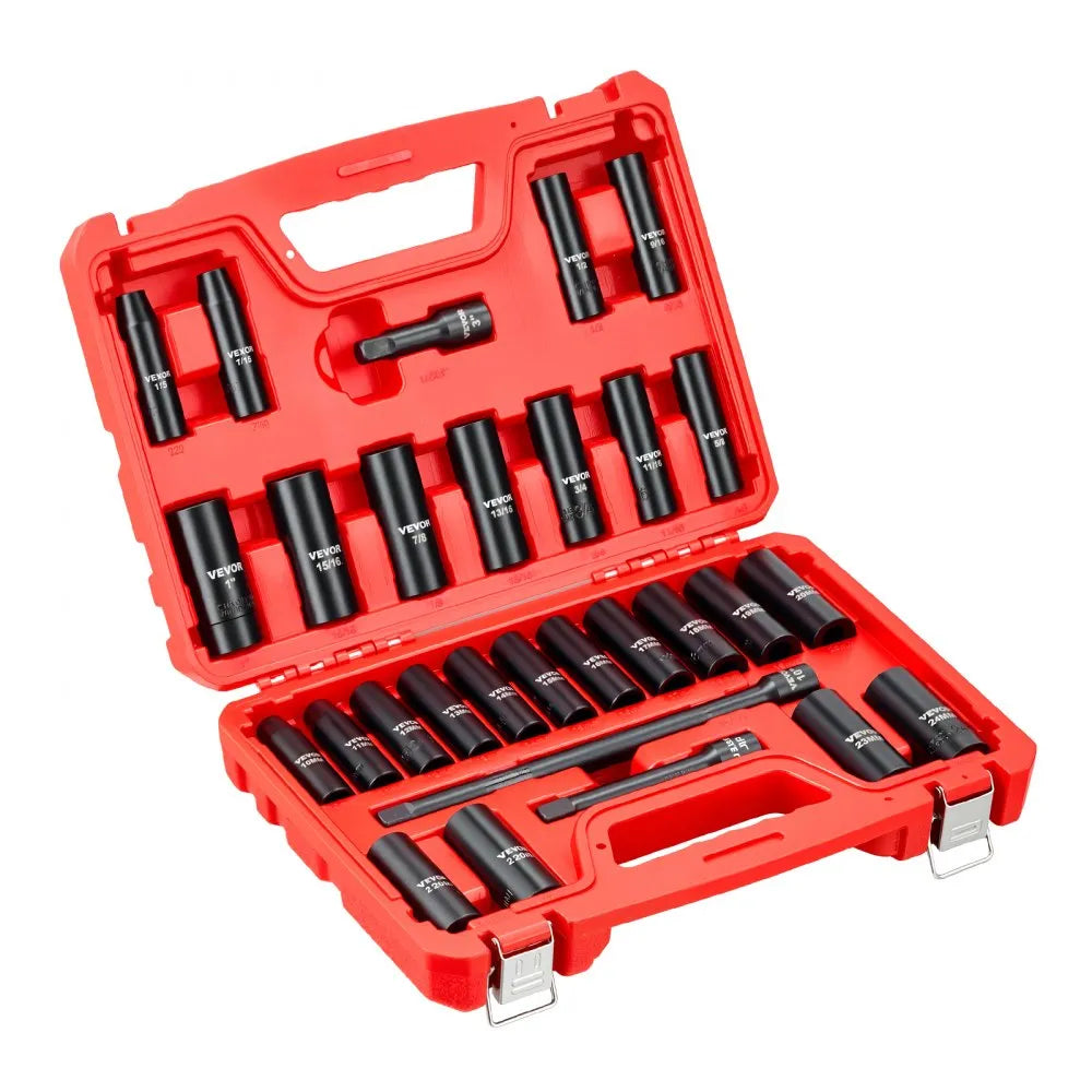 VEVOR 29-Piece 1/2" Drive Impact Socket Set, SAE & Metric Deep 6-Point Sockets with Extension Bars