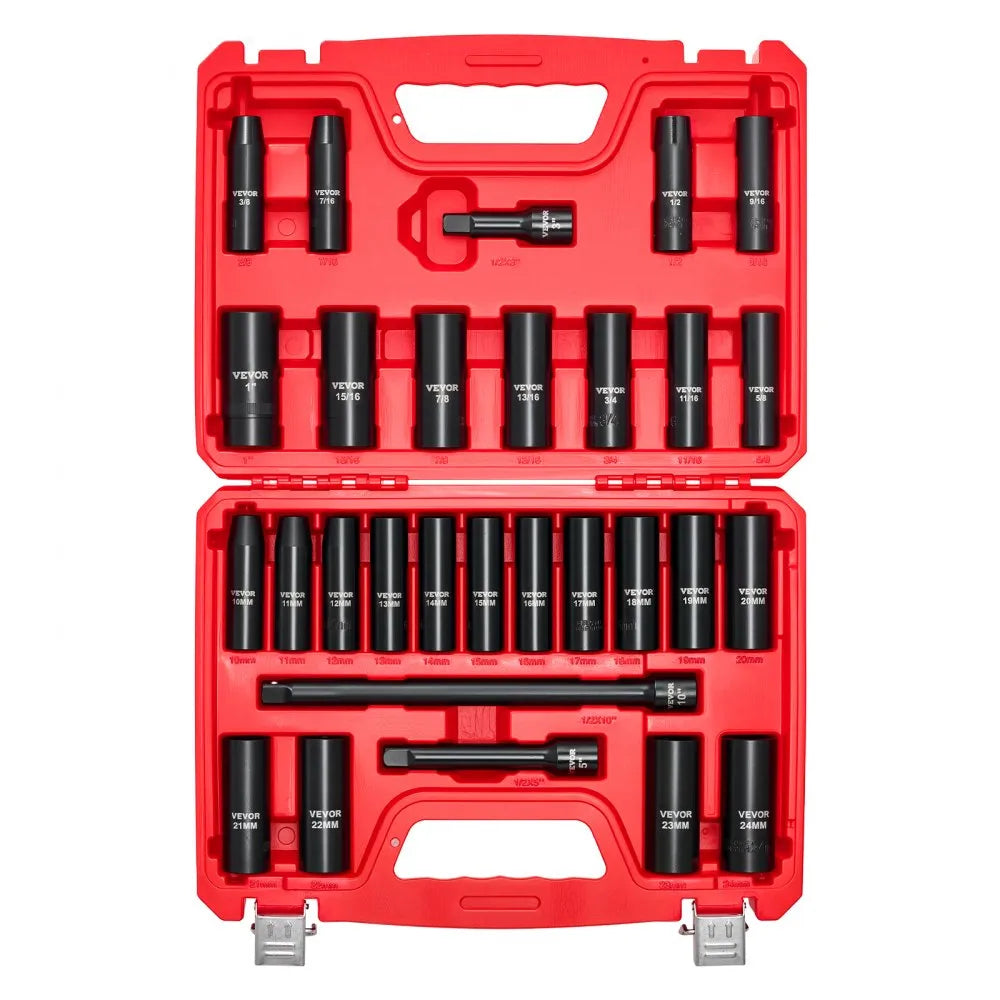 VEVOR 29-Piece 1/2" Drive Impact Socket Set, SAE & Metric Deep 6-Point Sockets with Extension Bars