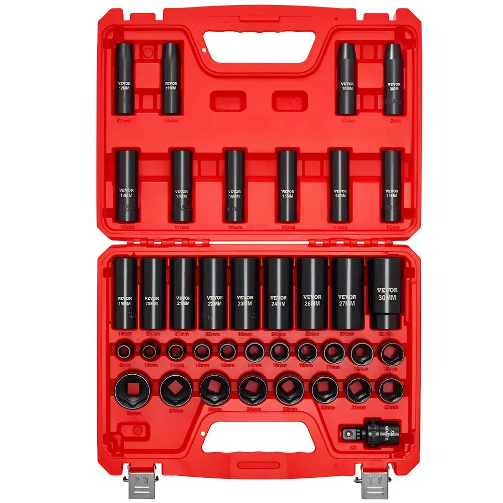 VEVOR 39-Piece 1/2" Drive Impact Socket Set, Deep & Shallow 6-Point Metric Sockets with Universal Joint