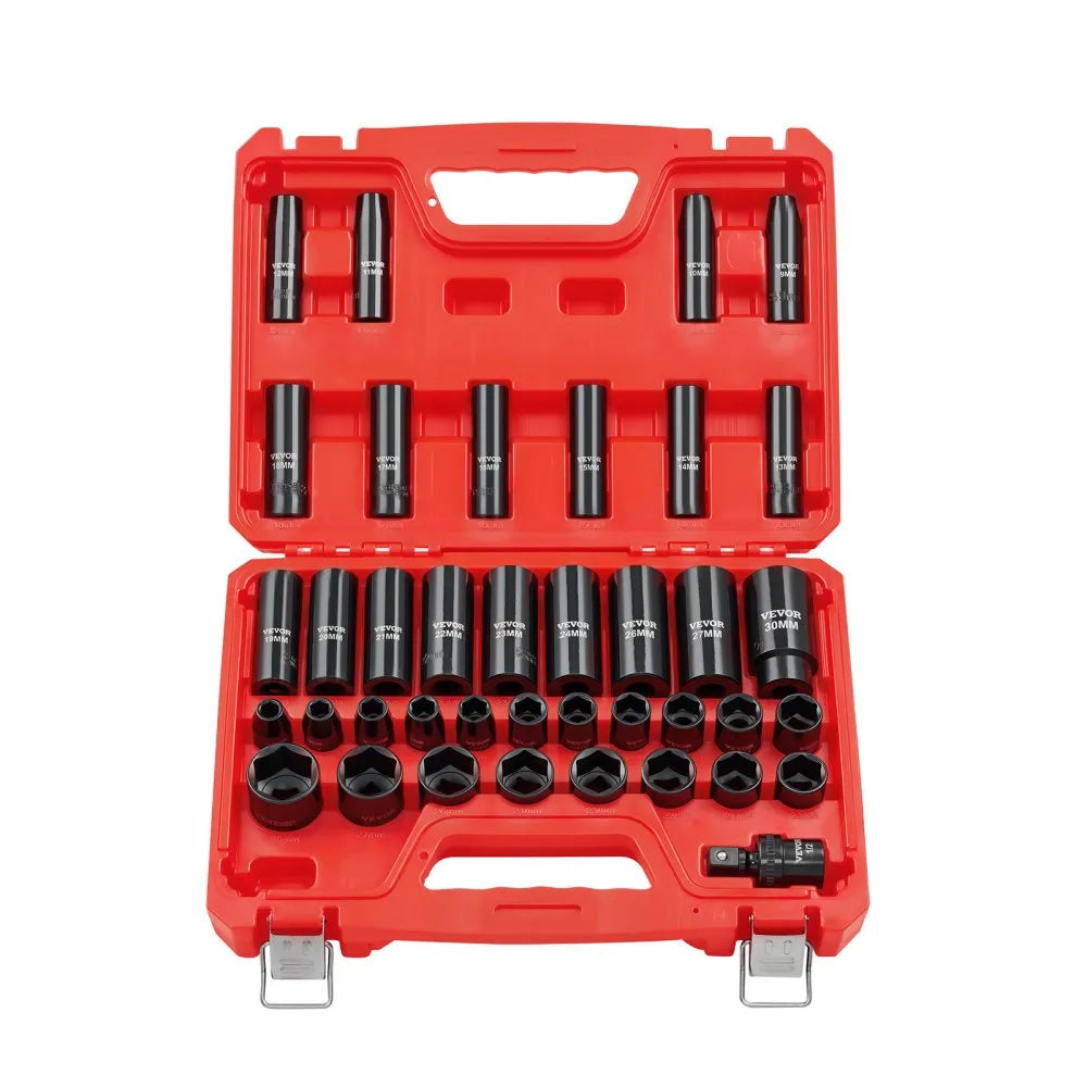 VEVOR 39-Piece 1/2" Drive Impact Socket Set, Deep & Shallow 6-Point Metric Sockets with Universal Joint
