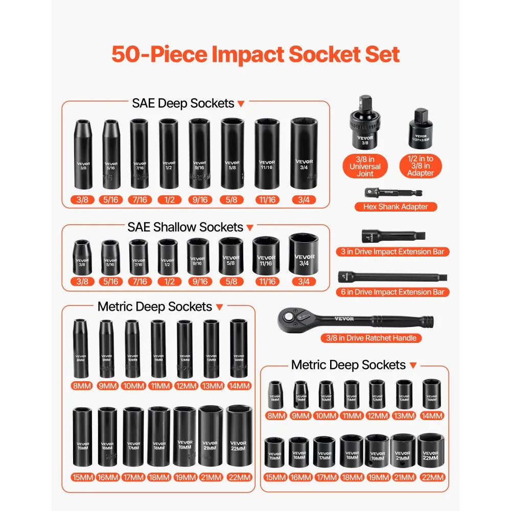 VEVOR 50-Piece 3/8" Drive Impact Socket Set, SAE & Metric Deep and Shallow 6-Point Sockets with Extension Bars