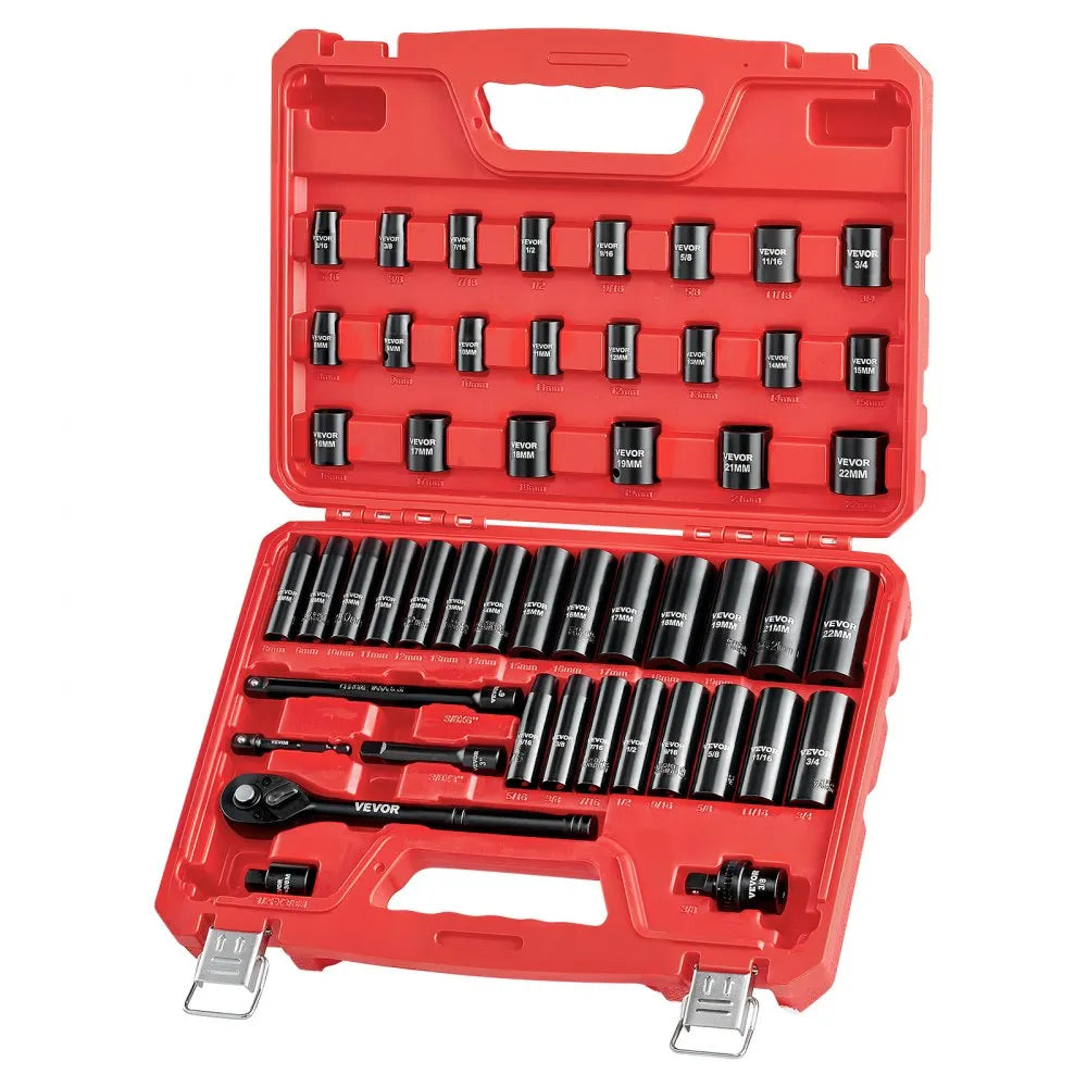 VEVOR 50-Piece 3/8" Drive Impact Socket Set, SAE & Metric Deep and Shallow 6-Point Sockets with Extension Bars