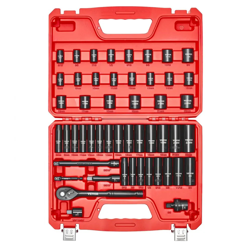 VEVOR 50-Piece 3/8" Drive Impact Socket Set, SAE & Metric Deep and Shallow 6-Point Sockets with Extension Bars
