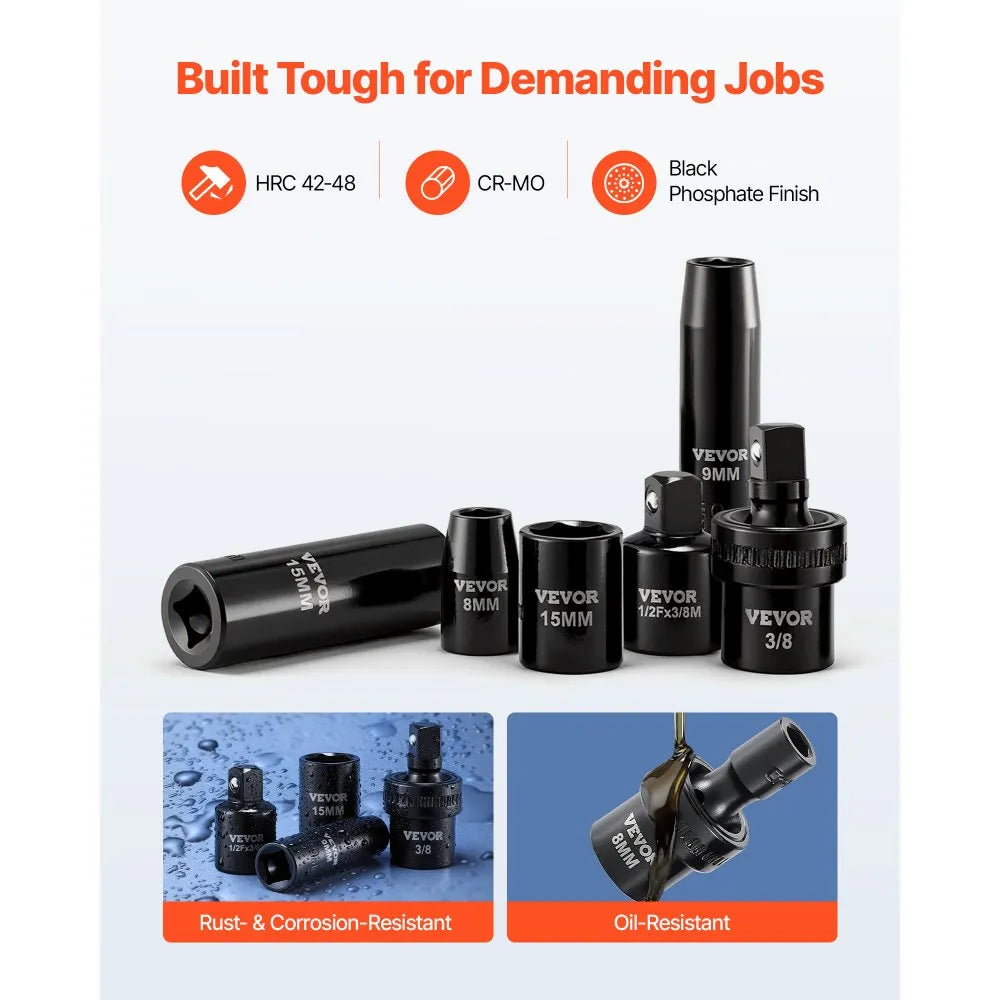 VEVOR 67-Piece 3/8" Drive Impact Socket Set, SAE & Metric Deep and Shallow 6-Point Sockets with Swivel Sockets