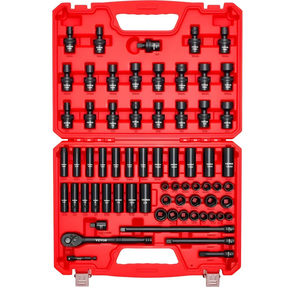 VEVOR 67-Piece 3/8" Drive Impact Socket Set, SAE & Metric Deep and Shallow 6-Point Sockets with Swivel Sockets